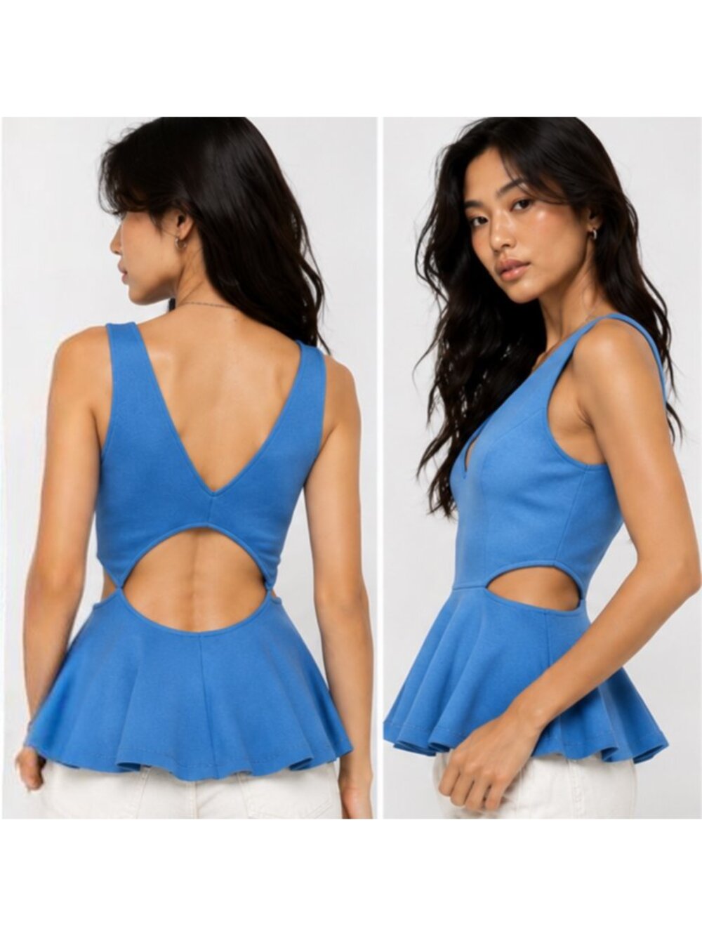 Goen J Sky Blue Cotton Peplum Top Small Cutout V-Neck Designer Architectural